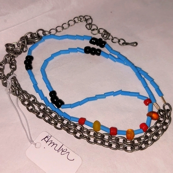 Baltic Amber Turquoise Colored Glass Bugle Beads.Adjustable Necklace. - Picture 4 of 5